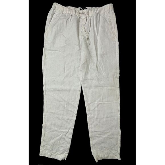 Saks Fifth Avenue Linen Pants Womens Large White Drawstring Straight Leg Classic - Picture 1 of 9
